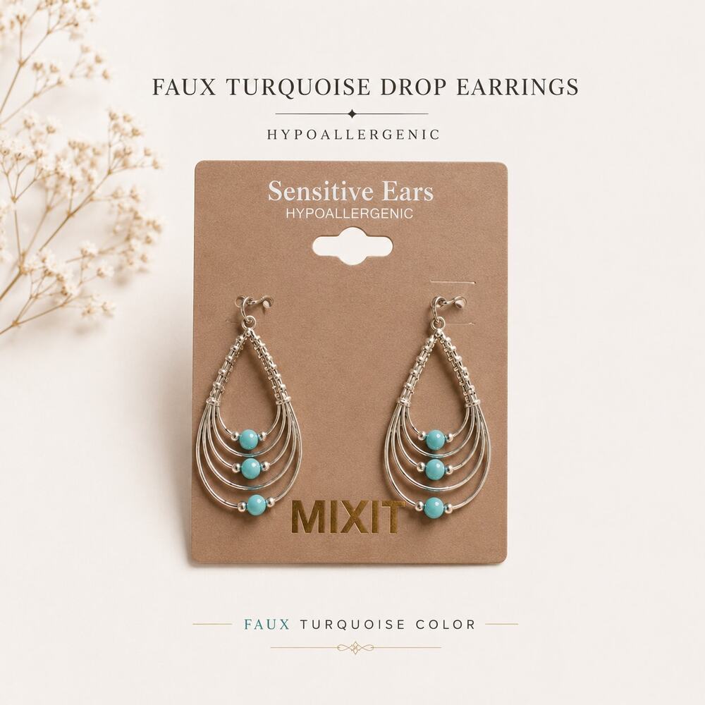 Mix It Turquoise Color Bead Drop Earrings Multi Hoop Dangle Boho Silver Tone